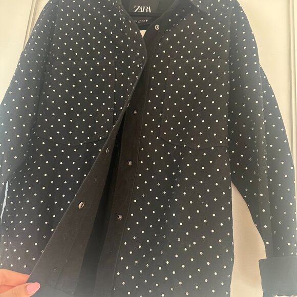 NWT Zara Button Up Shirt Black Denim Oversized Fit Rhinestone Appliques Allover - Picture 5 of 9